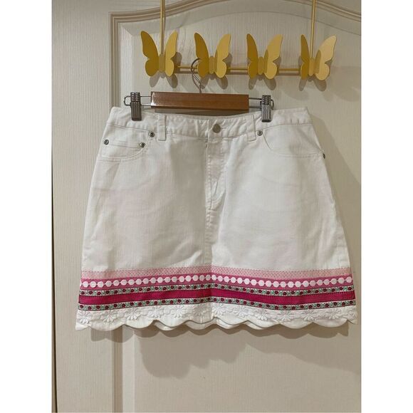 Vintage Lilly Pulitzer White Denim Skirt with Ribbon and Scalloped Trim Skirt Si - Picture 1 of 7